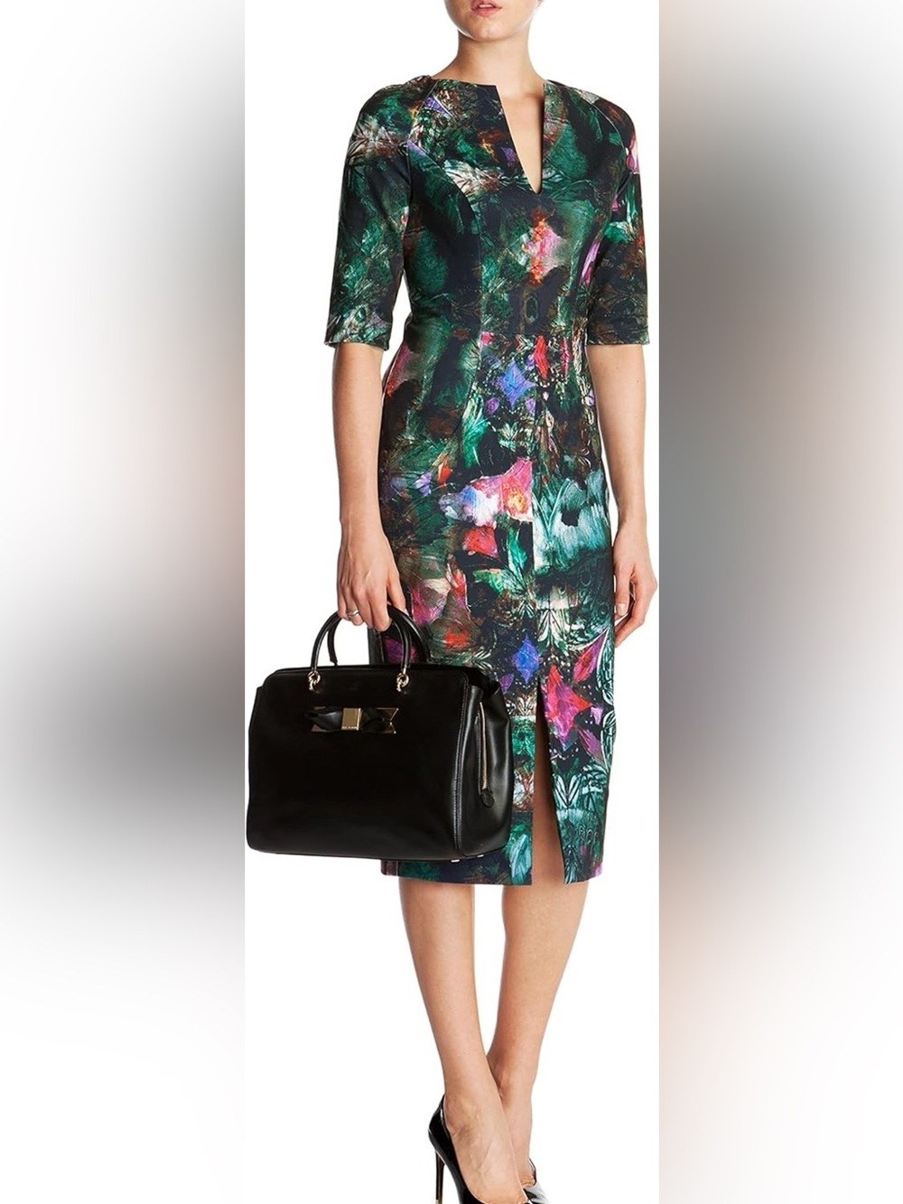Ted Baker Floral Green Sheath Dress with V-Neck Size 3 - Picture 2 of 16